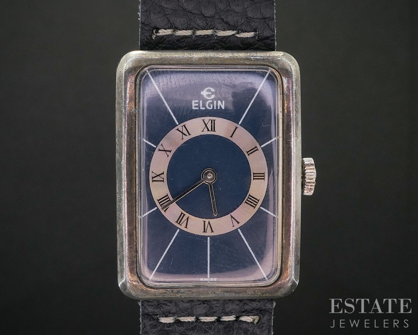 Vintage Sterling Silver Elgin 17j Blue Dial Art Deco Dress Watch