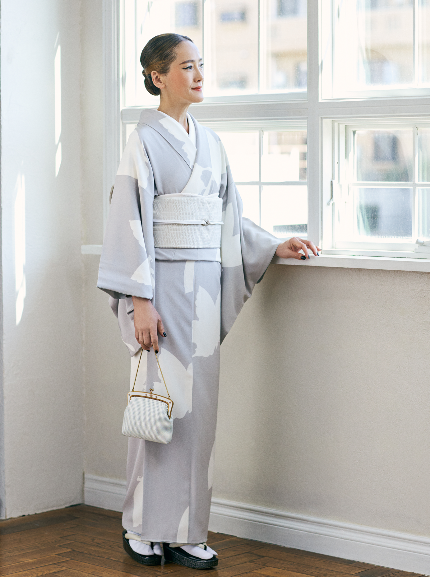 受注生産】着物｜小紋｜飛蝶紋 グレー｜正絹｜袷｜お