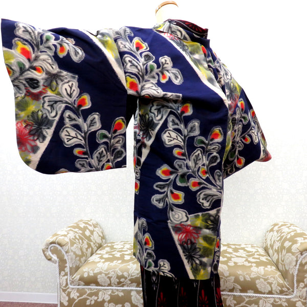 羽織 銘仙 アンティーク 昔羽織 長羽織 正絹 紺 墨色 マルチカラー