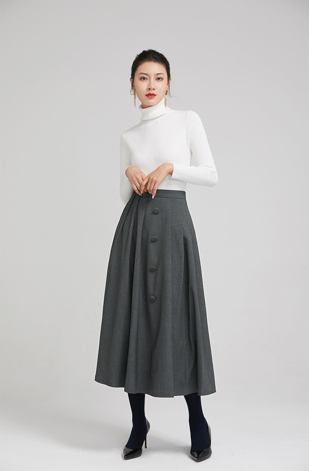 dark grey elegant wool pleated skirt with button 2246 – Xiaolizi