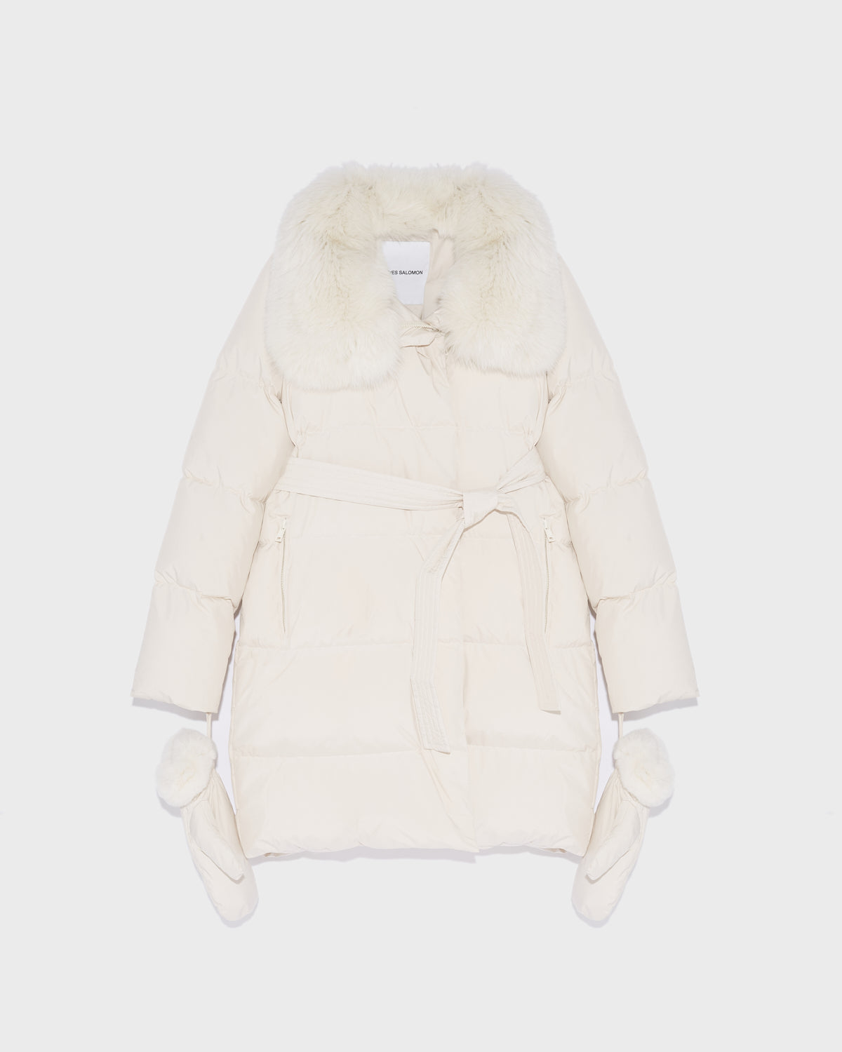 Belted down jacket in waterproof technical fabric with fox and