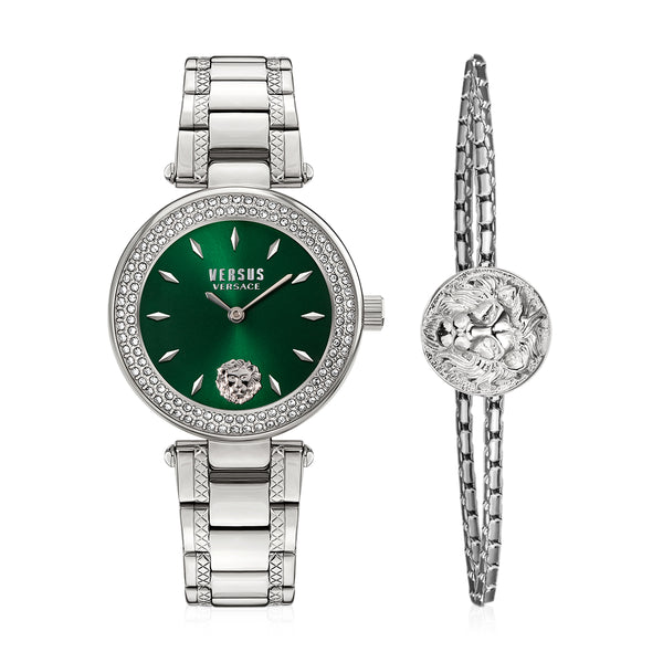 Versus Versace Brick Lane Ladies Green Dial Watch + Stainless