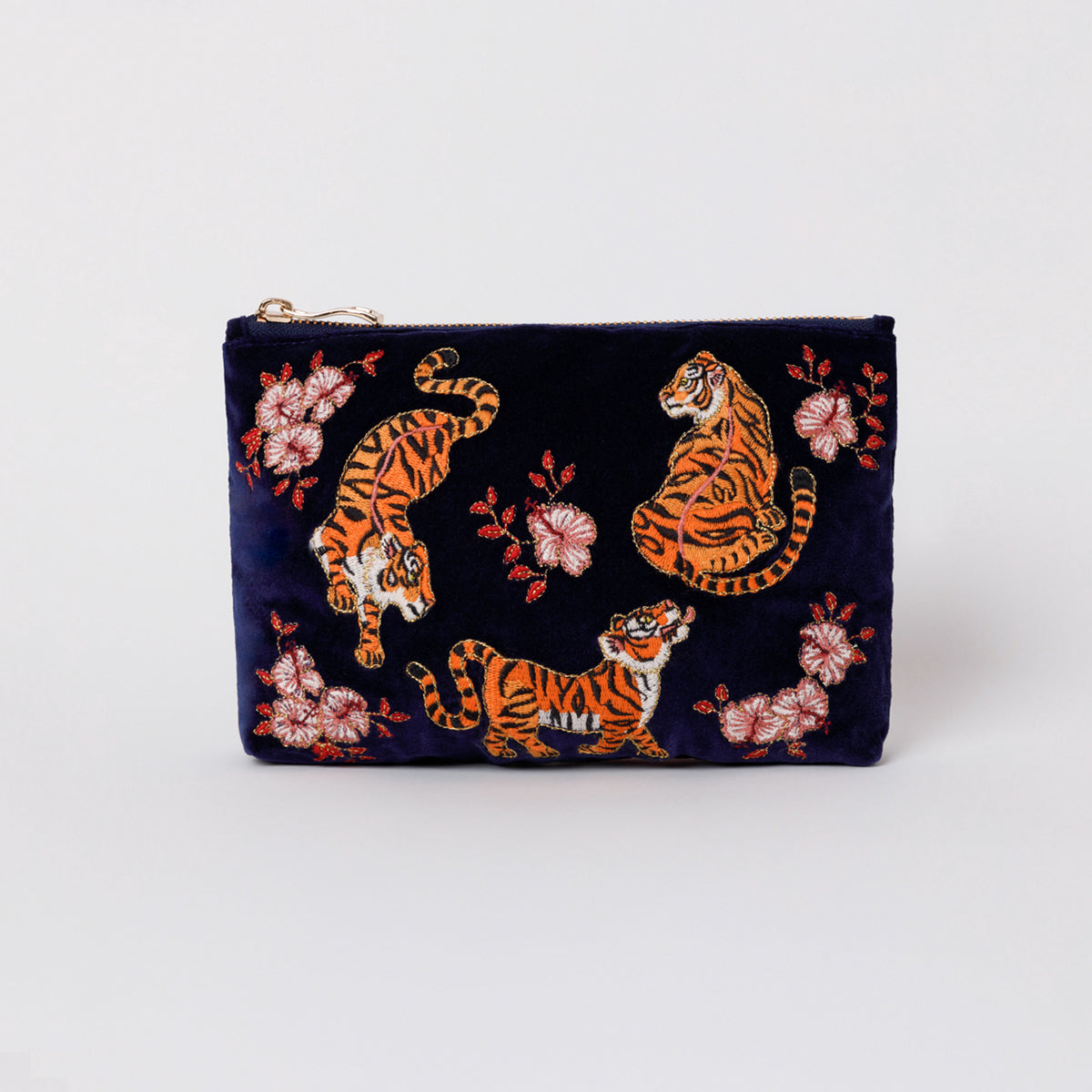 Embroidered Tiger Print Apricot Cosmetic and Makeup Bag