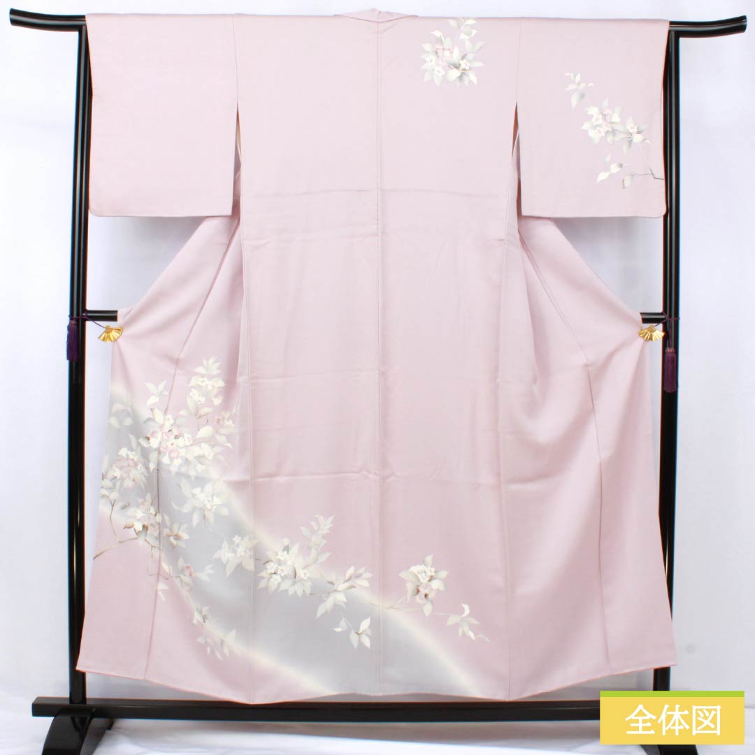裄68.2、身丈158.3cm☆正絹 良家のちりめん訪問着 青磁色に扇面と梅