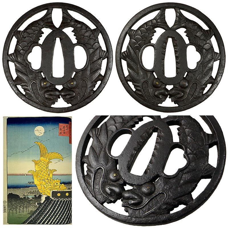 日本刀の鐔・鍔｜鉄地双鯱図透｜無銘 越前｜保存刀装具鑑定書附｜日本