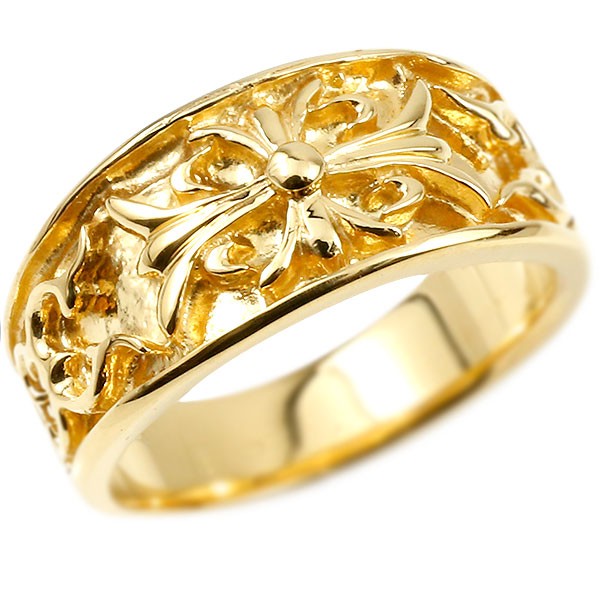 楽天市場】リング イエローゴールドk18 クロス ユリの花 幅広 指輪 地