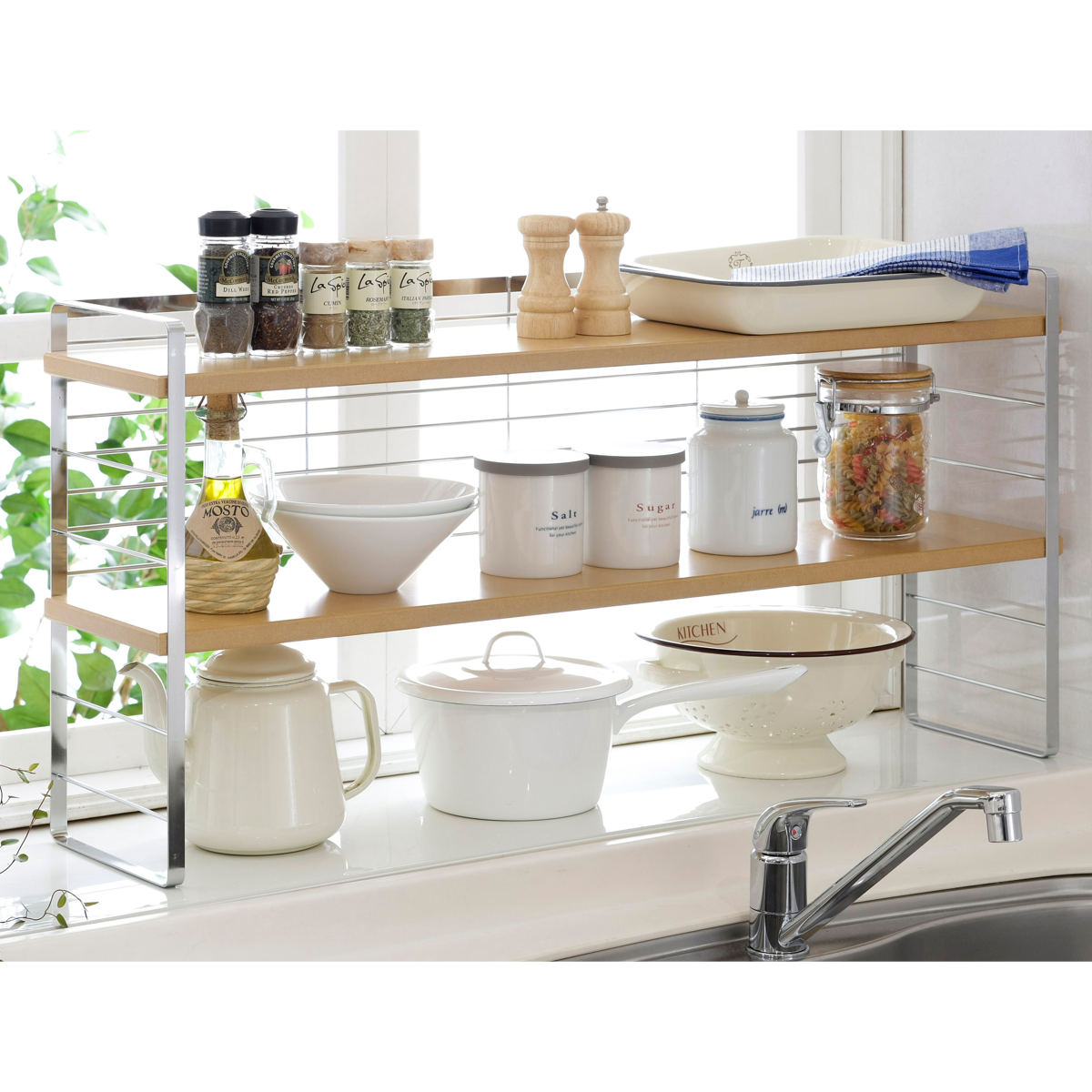 楽天市場】調味料ラック 幅90cm 木棚 出窓シェルフ （ スパイスラック