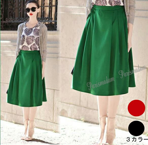 楽天市場】＜在庫セール＞膝下スカート/グリーン/タック/ミモレ丈