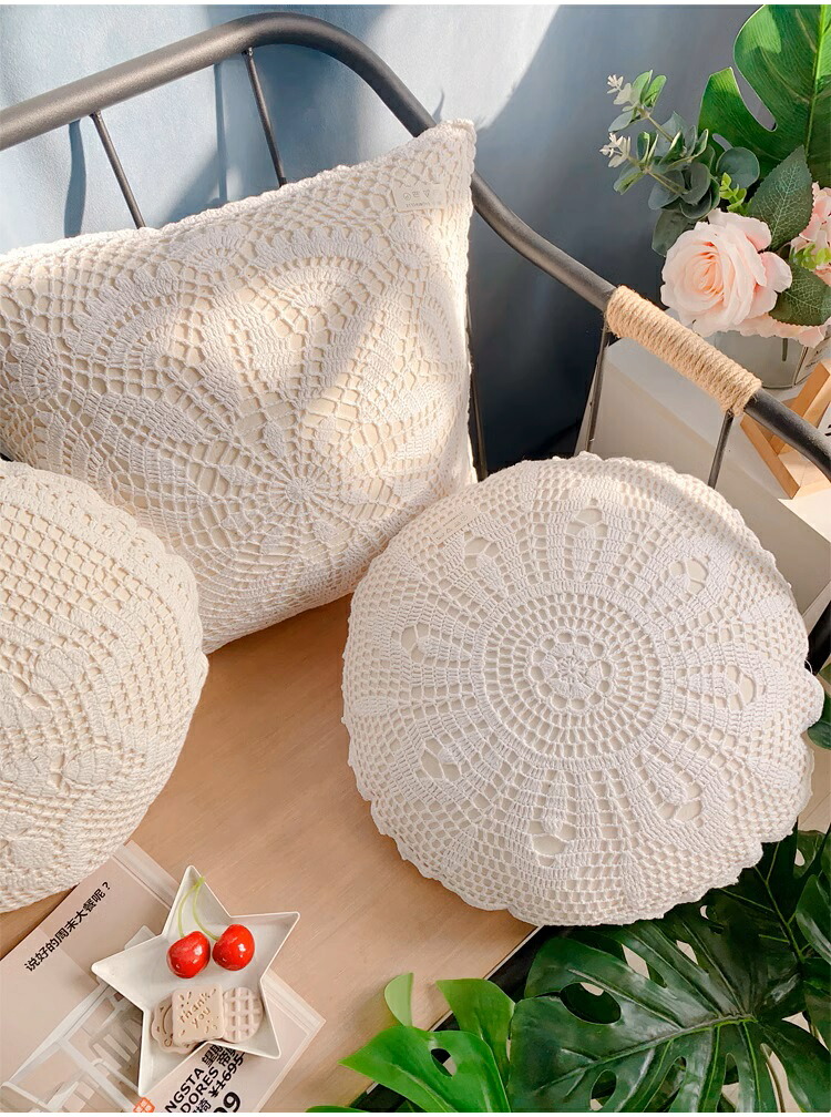 楽天市場】クッションカバー40cm 円形 レース編み＆刺繍、 2枚セット