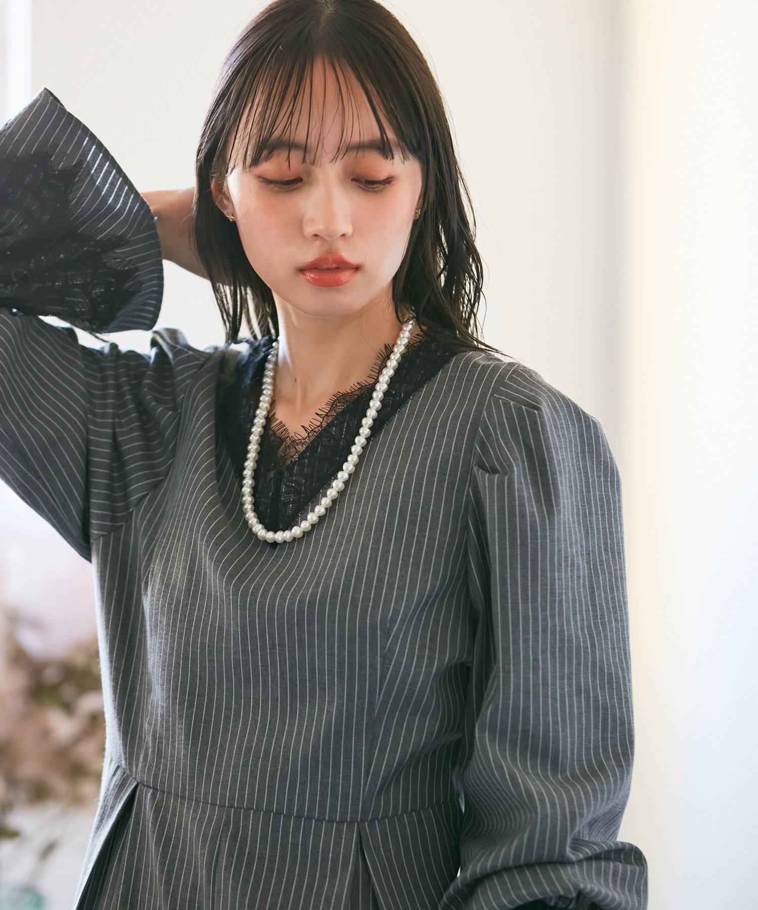 VIS｜【VIS DRESS】ピンストライプレースオールインワン【洗える