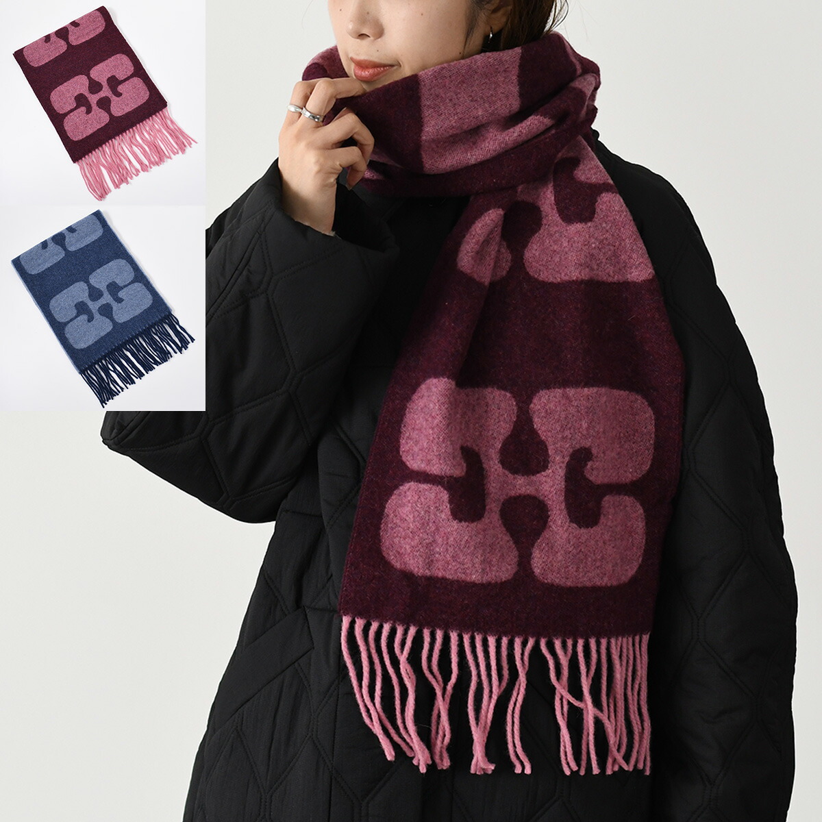 GANNI ロゴ入りマフラー ダークグリーン GANNI（ガニー） マフラー Narrow Scarf Please Recycle A6203 5755
