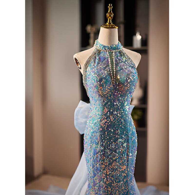 楽天市場】カラードレス スパンコール マーメイドドレス ブルー 青