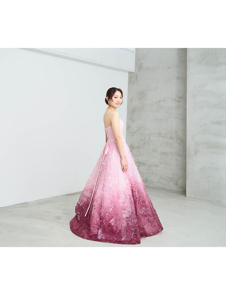 グラデーション ロングドレス ピンク レース ベアトップ 演奏会