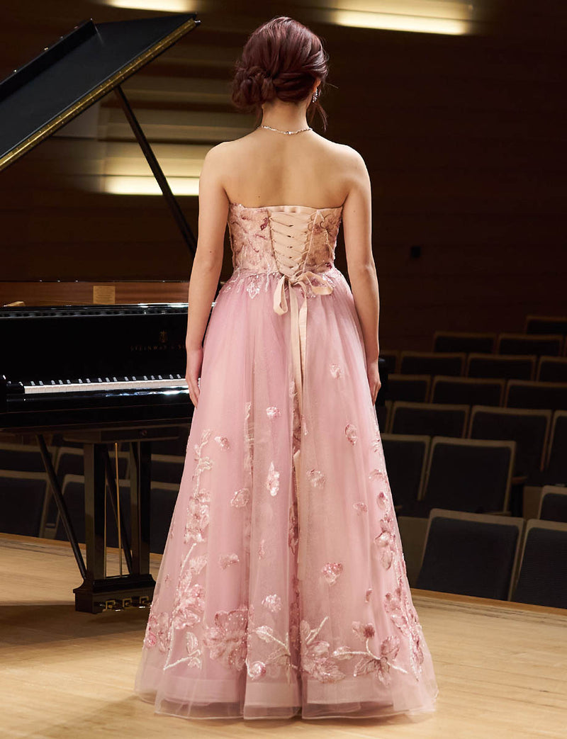 ピンクベージュ フローラルレース ロングドレス ベアトップ 発表会