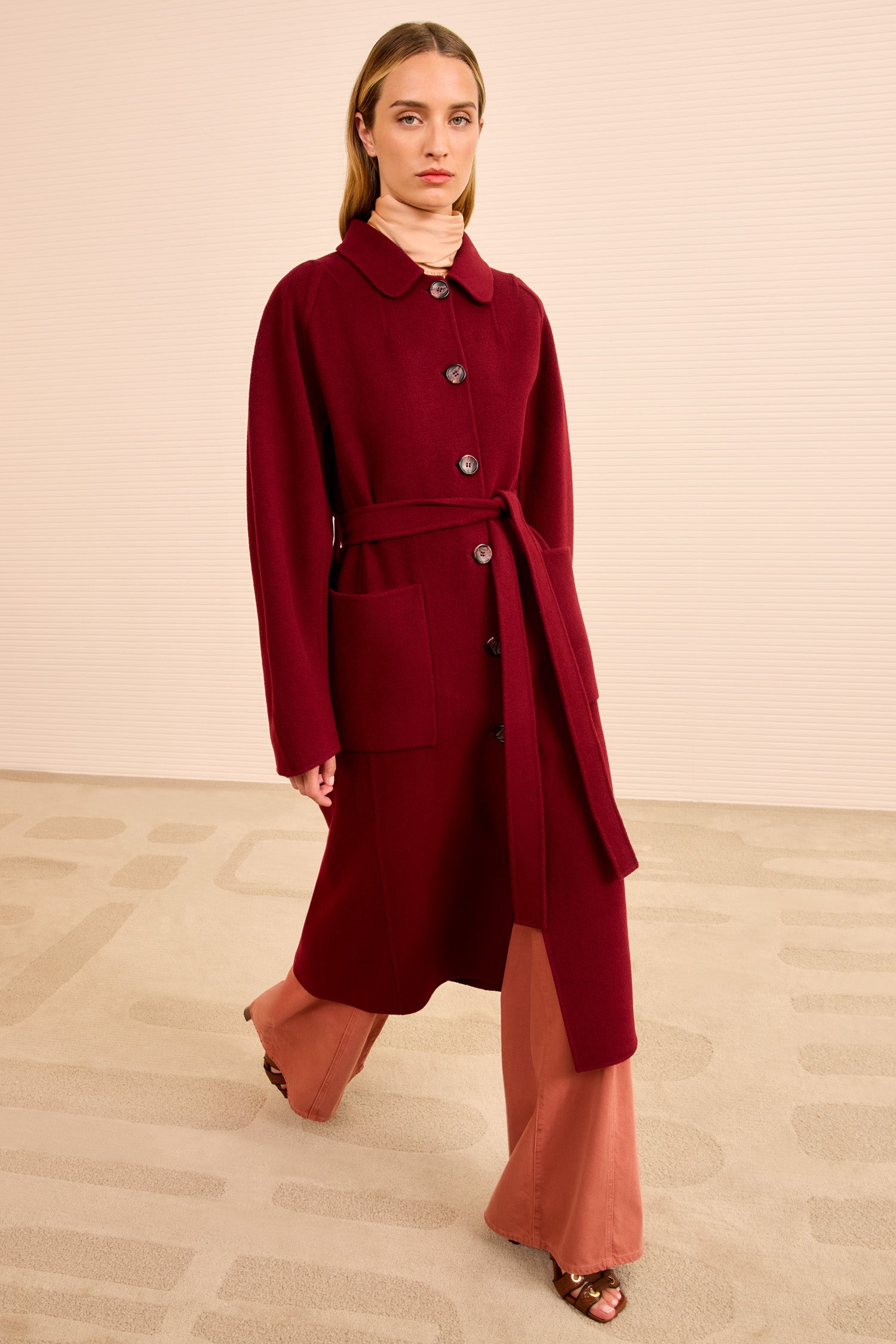 Lisbeth Long Wool Coat With Belt - Claret - Ulla Johnson
