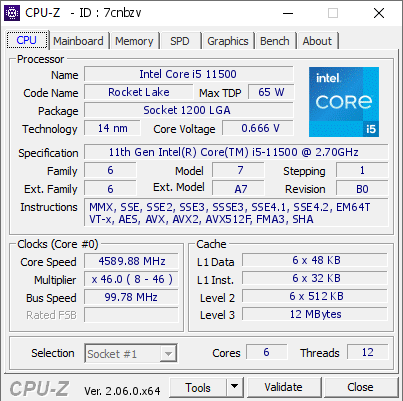 Intel Core i5 11500 @ 4589.88 MHz - CPU-Z VALIDATOR
