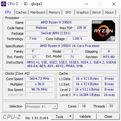 AMD Ryzen 9 3950X @ 3604.73 MHz - CPU-Z VALIDATOR