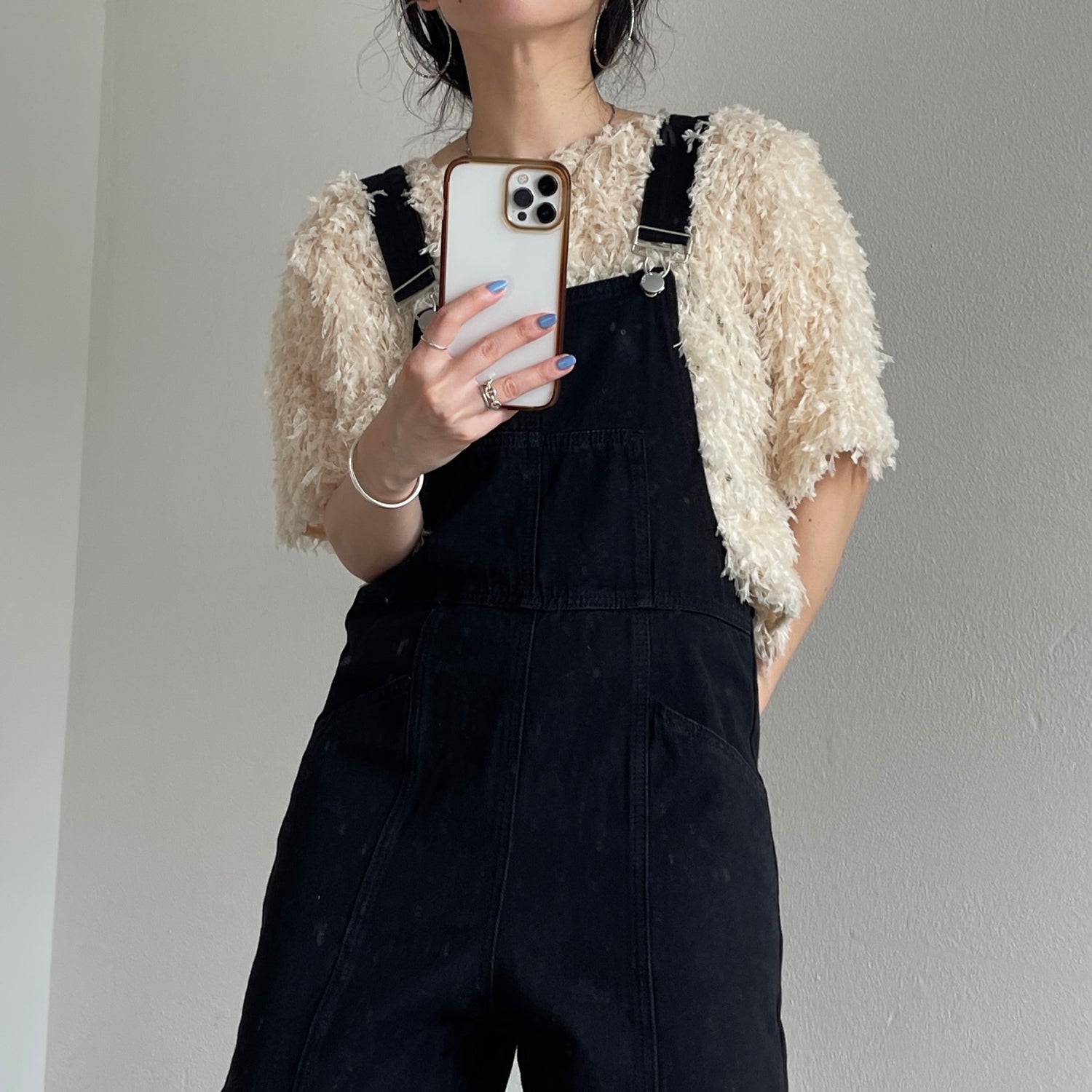 loose and slim denim salopette / black （ルーズアンドスリムデニム