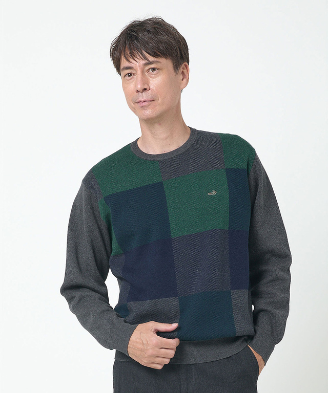 メンズ カシミヤブレンド ブロックチェック ニット【手洗いOK】通販