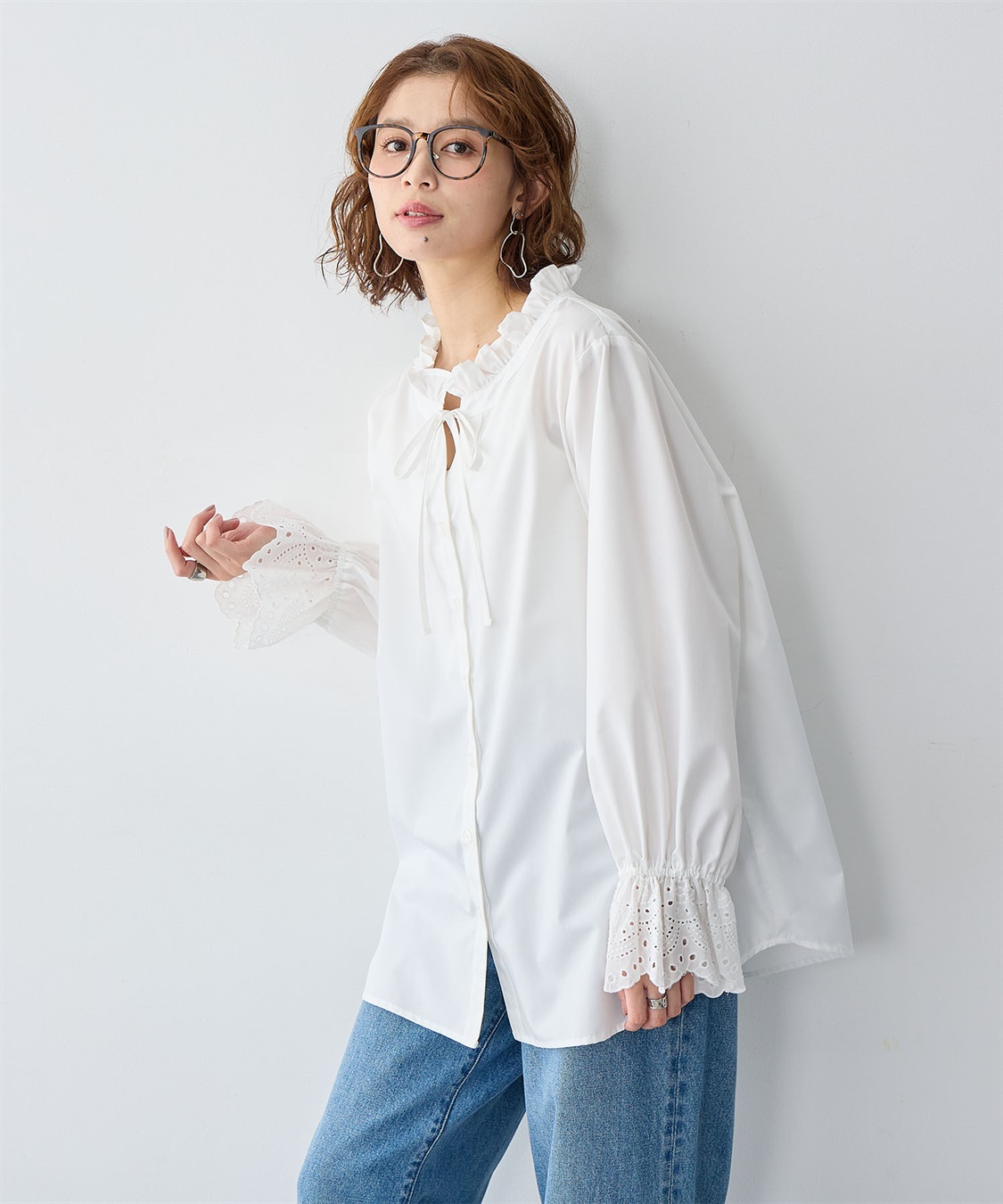 anyfee/大きいサイズ】袖口レースフリル襟シャツ/ブラウス anyfee