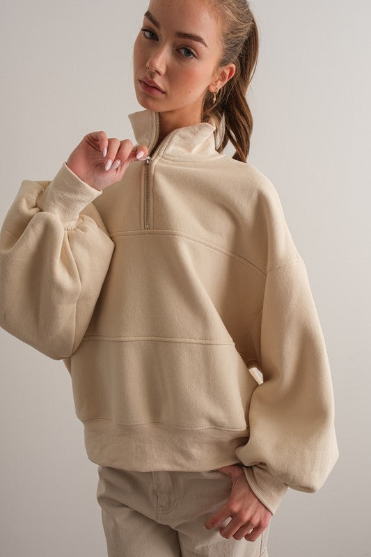 Half Zip Oversized Sweatshirt Top Cream - Southern Fashion
