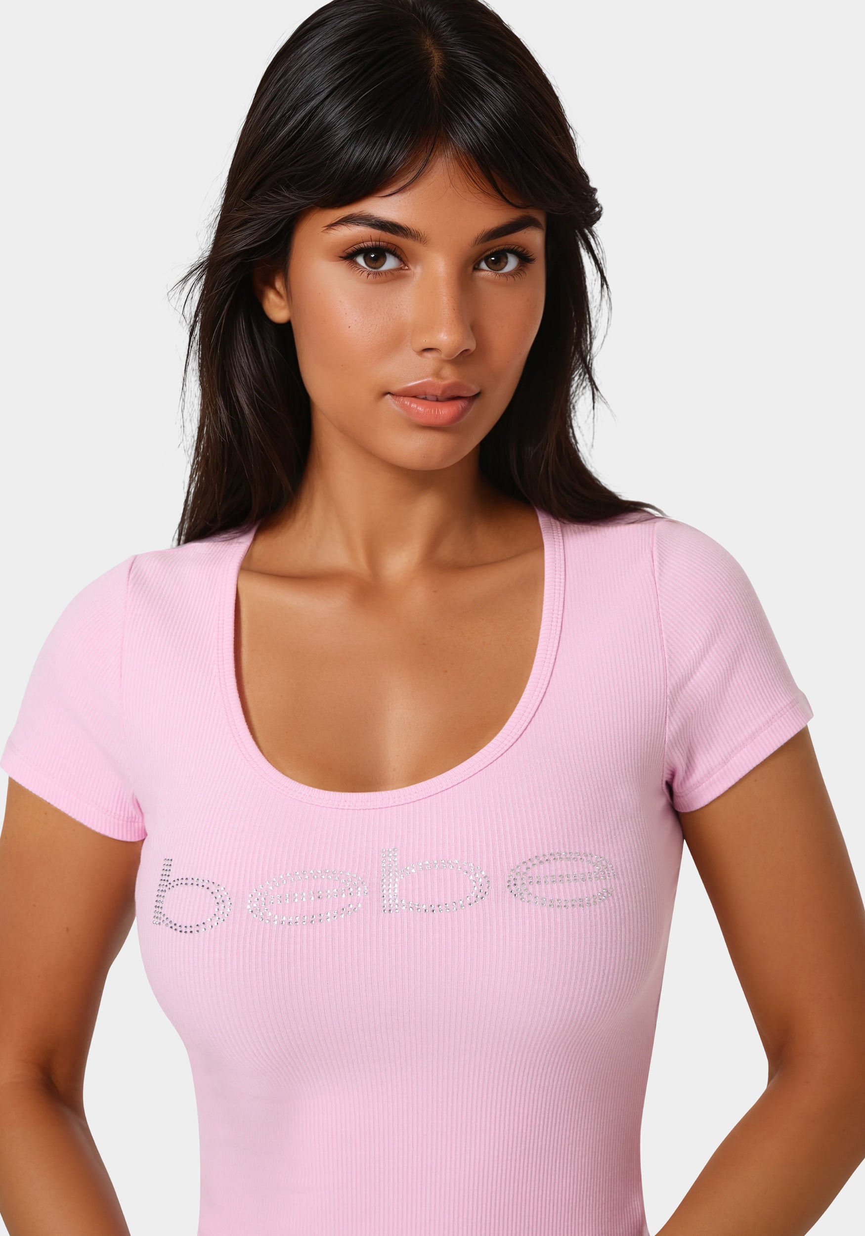 Bebe Logo Short Sleeve Round Neck Rib Top Bubble Gum Pink - bebe