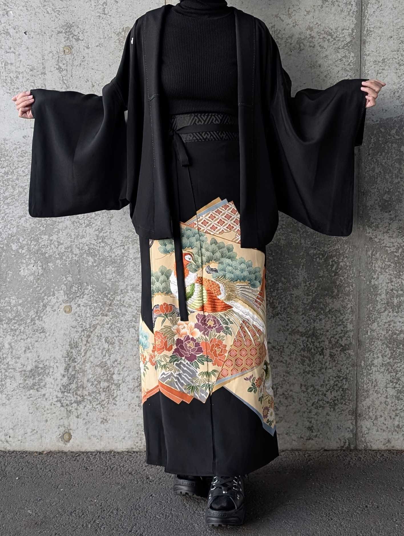 牡丹×刺繍鳳凰】黒留袖ラップスカートセットアップ｜着物リメイクGeGe
