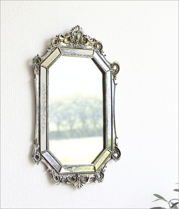 壁掛けミラー 鏡 ウォールミラー おしゃれ アンティーク調 八角形