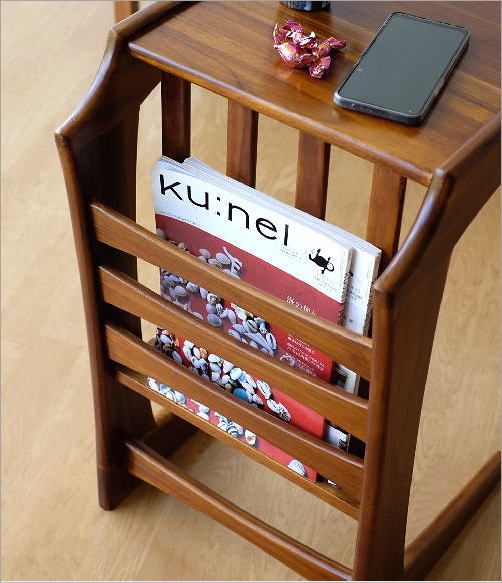 サイドテーブル マガジンラック付き チーク ナチュラル 木製 天然木 コ