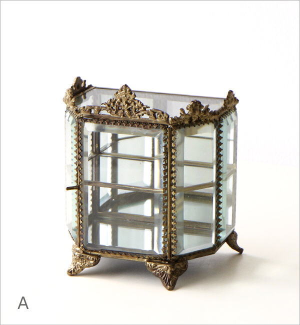 ガラスケース 真鍮 アンティーク 扉付き 小物収納ケース ミラー 2段 棚