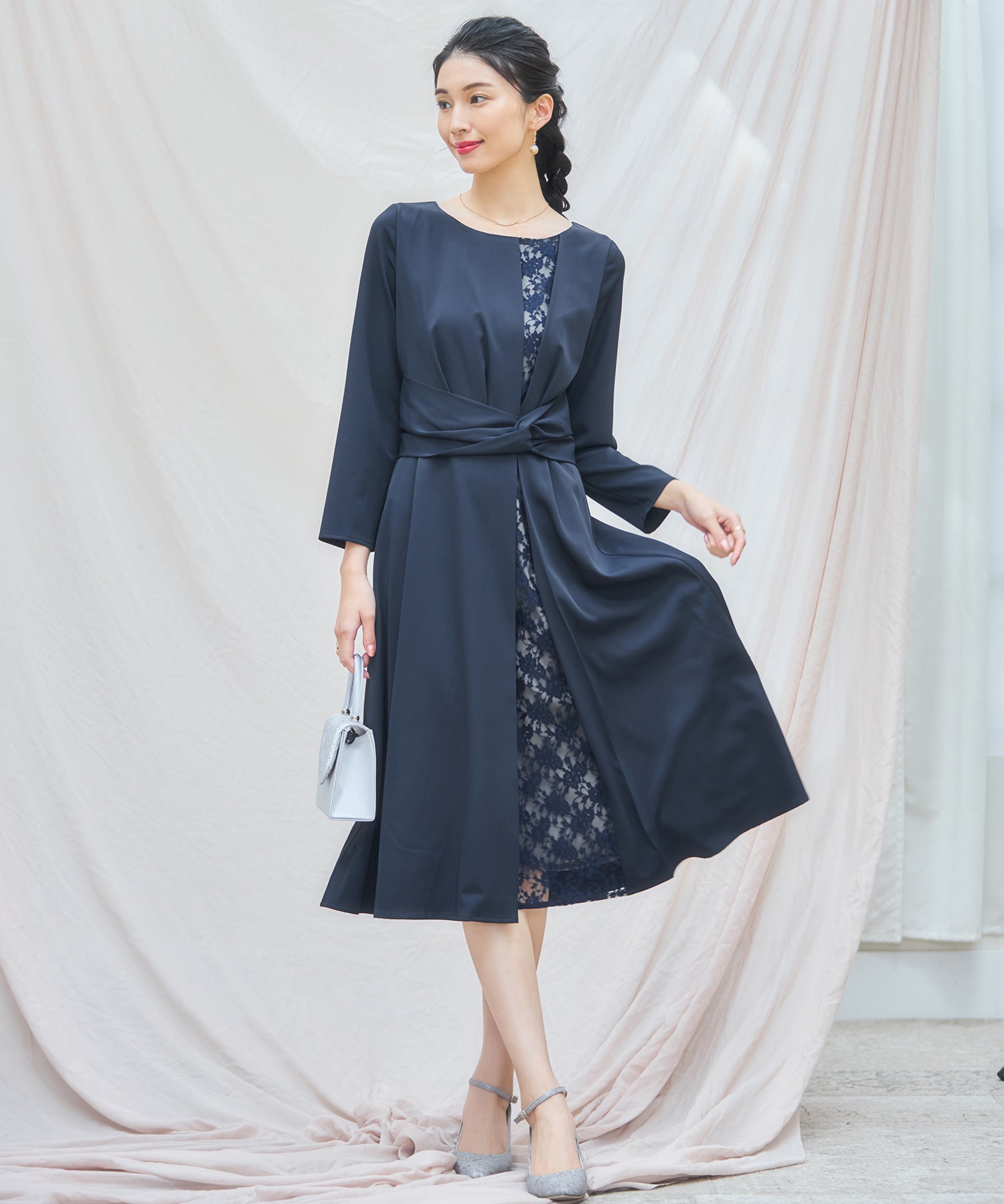 パーティードレス ワンピース 袖付き 結婚式 フォーマル ネイビー