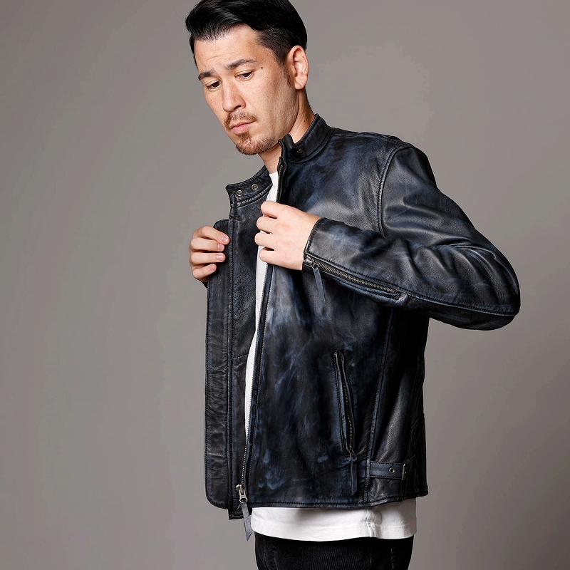 レザージャケット メンズ ダメージ風 ネイビー 紺色 本革 シングル