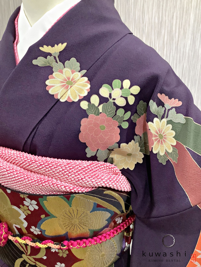 正絹振袖レンタル】 80013 深紫熨斗目彩花正絹振袖袋帯セット
