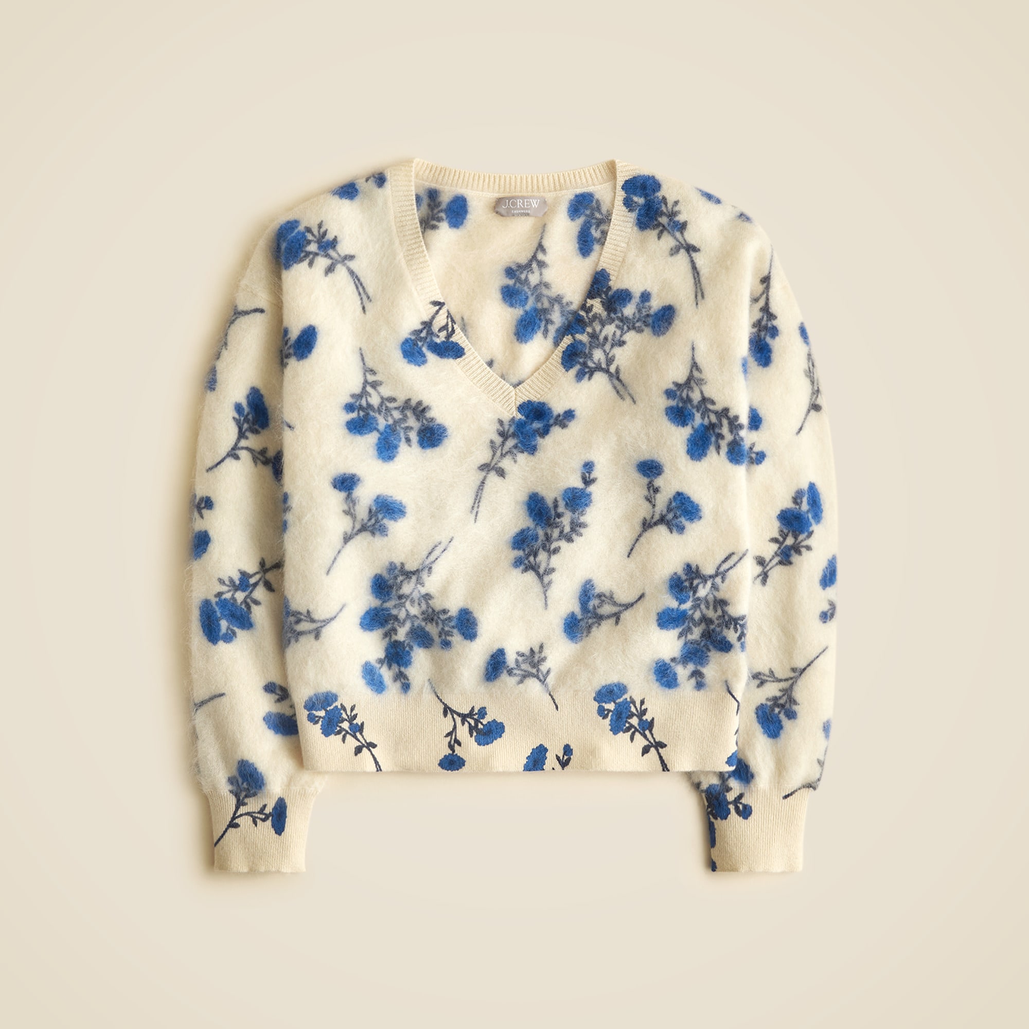 Brushed Cashmere V-neck Sweater In Toile Floral Print For Women