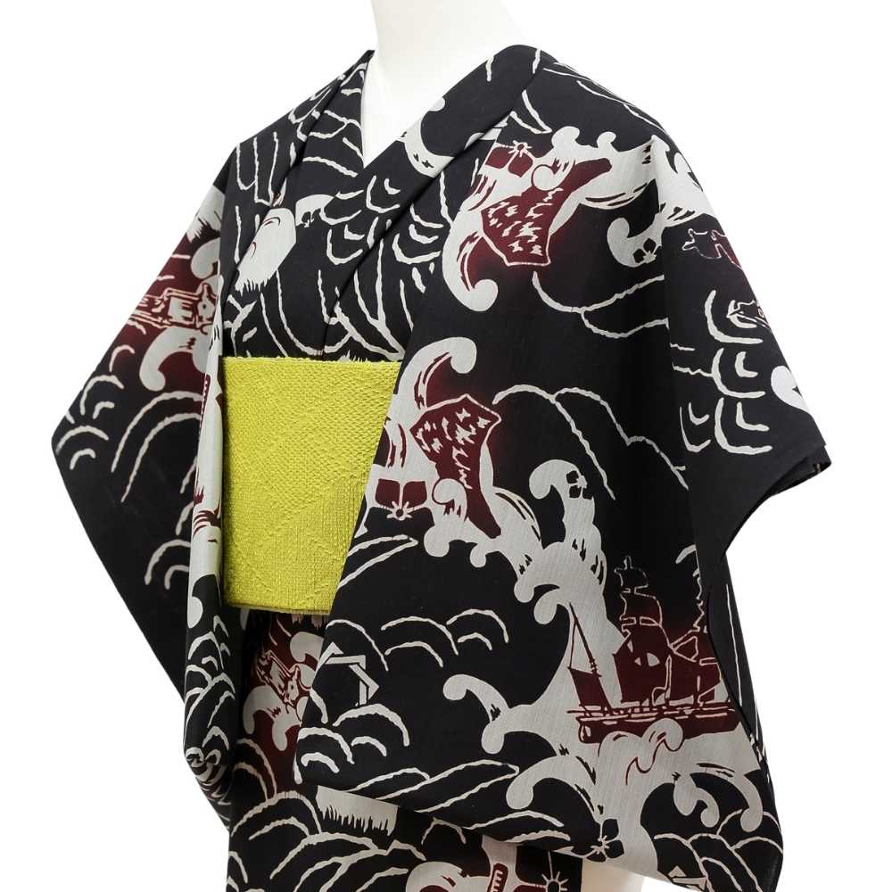 龍馬｜ルミロック 東京注染 綿麻浴衣 黒波×紅船 ユニセックス｜ 普段着