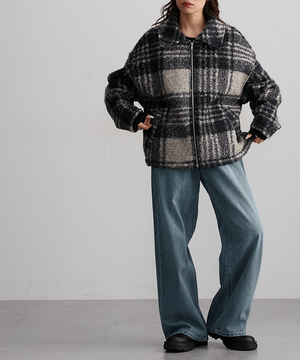 総チェック柄フェイクリングウールチェックブルゾン ［Soiunique