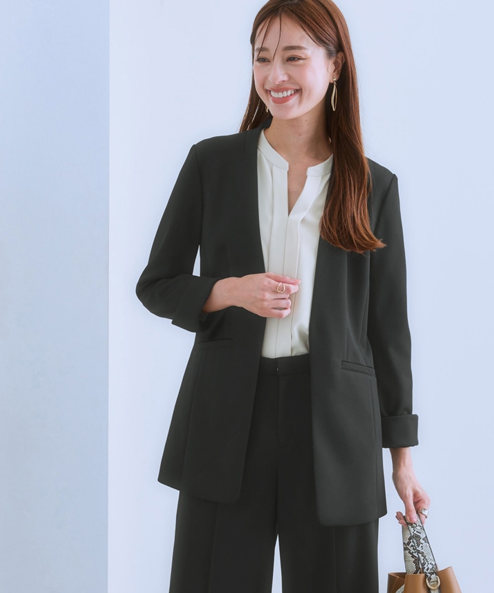 レディーススーツ】セットアップ対応ロング丈ノーカラージャケット