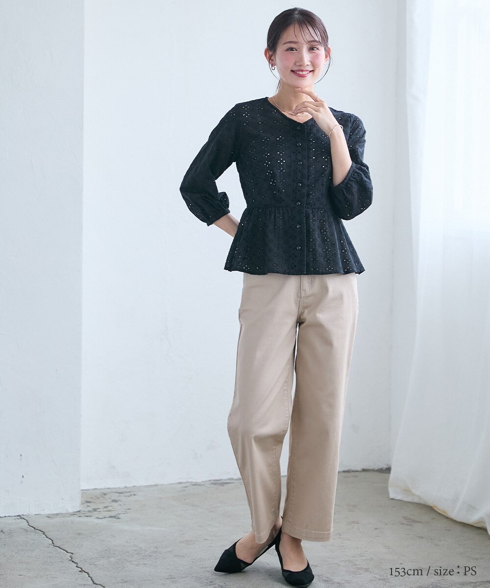 小さいサイズ 綿100％透かし刺繍Vネックペプラムブラウス 低身長さん
