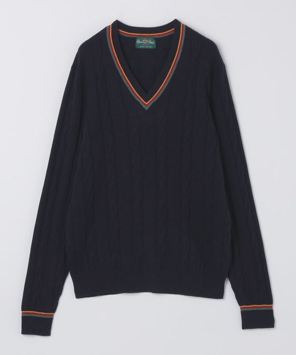 ALANPANE: 12ゲージ ケーブル編み コットン Vネック クリケット