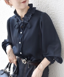 quaranciel:〈洗濯機可能〉フリルカラー リボン ギャザースリーブ