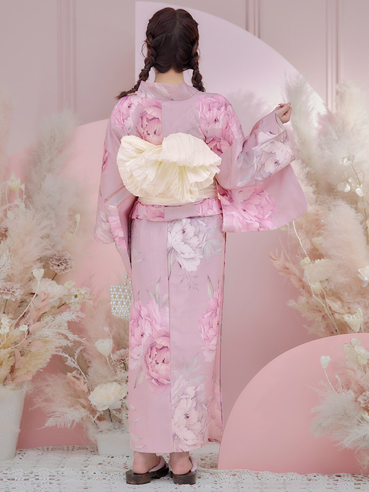 即日発送】【浴衣】大人スウィート/ピンク地に大柄牡丹浴衣 【浴衣3点