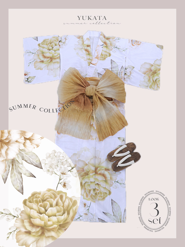 即日発送】アンニュイイエローフラワー浴衣【浴衣3点セット 浴衣/帯