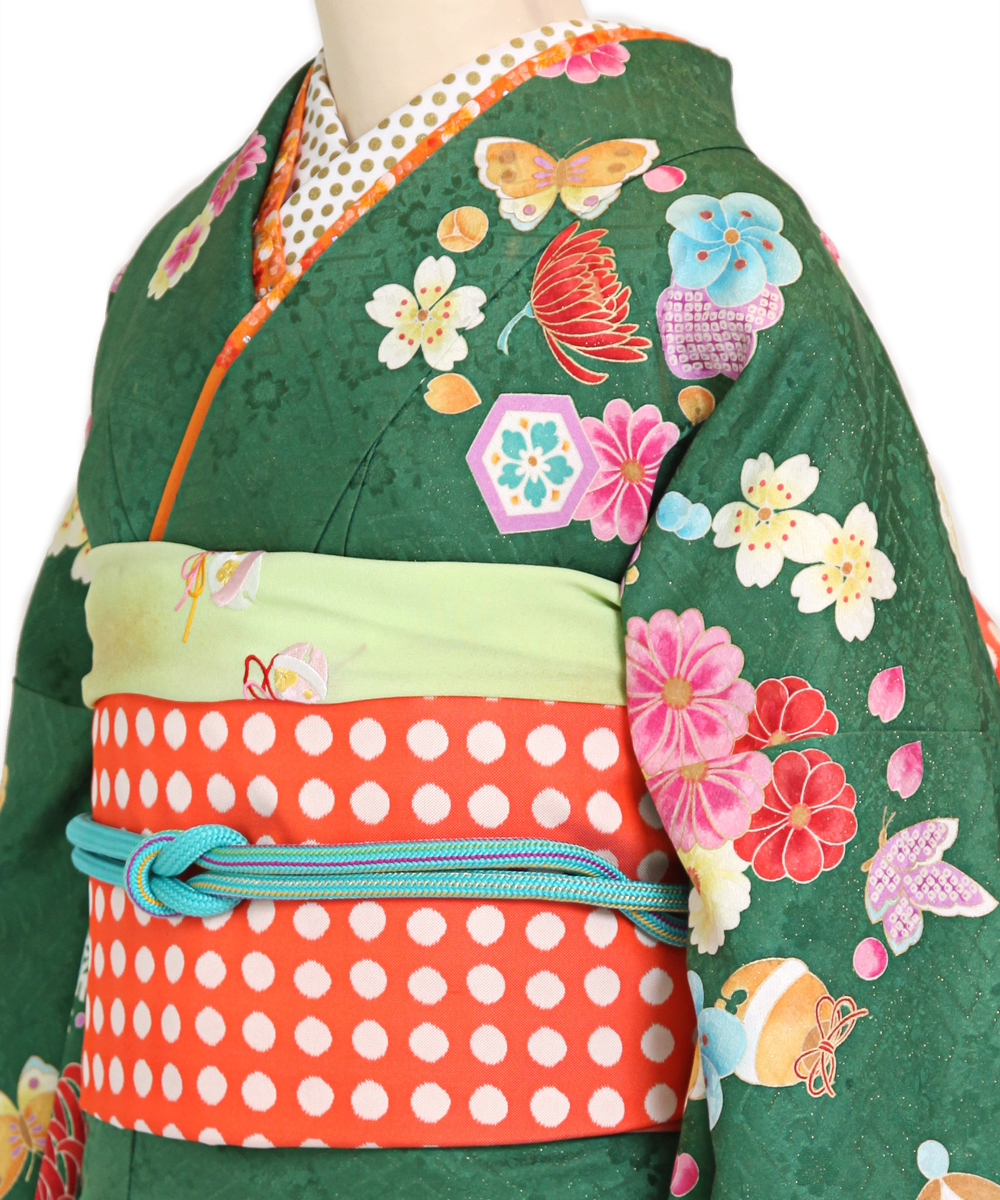 成人式/参列/振袖】オレンジ帯がかわいいポップ☆緑 乱菊 / 成人式や