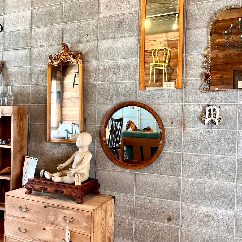 アンティーク ウォールミラー 鏡 円 中古 シンプル 和 古民家 円 木