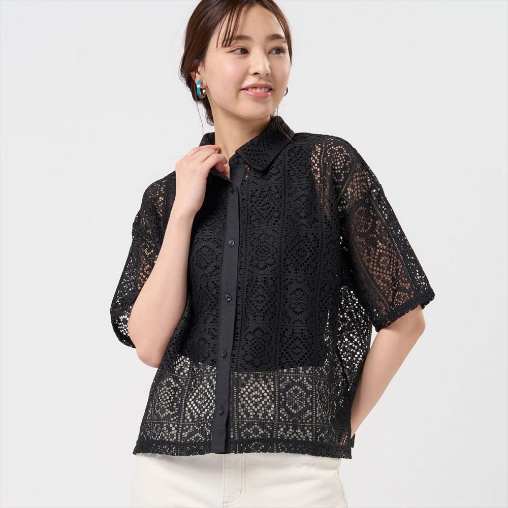 クロシェ風 レースシャツブラウス 五分袖 レディース(M ブラック
