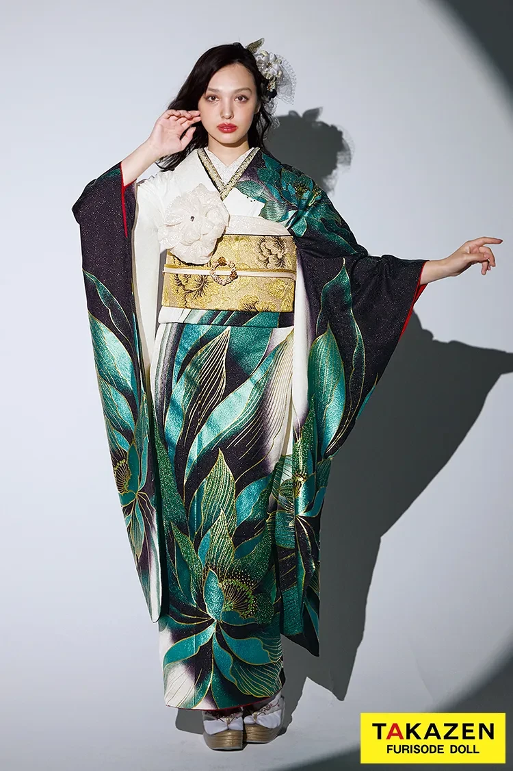 モード 緑/白/黒 牡丹柄/大柄 派手 ギャル系振袖 目立つ かっこいい