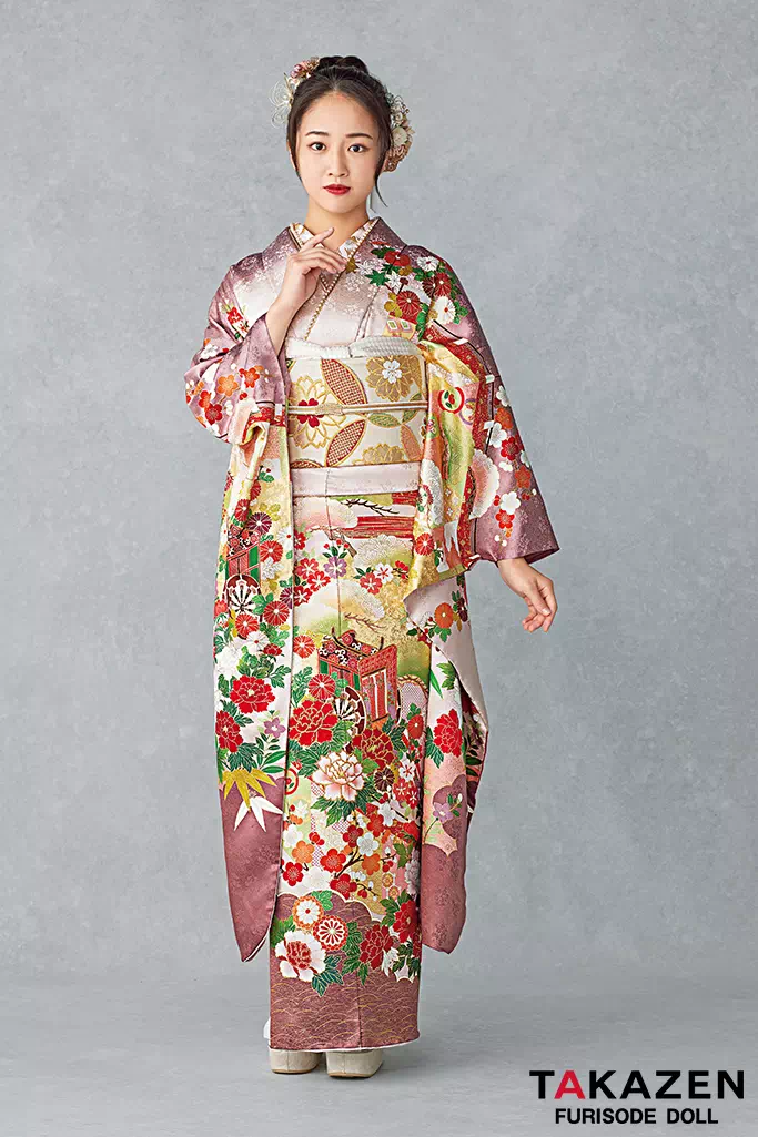 最高級古典柄振袖 吉澤織物/文楽/人間国宝吉田簑助 白/ピンクベージュ