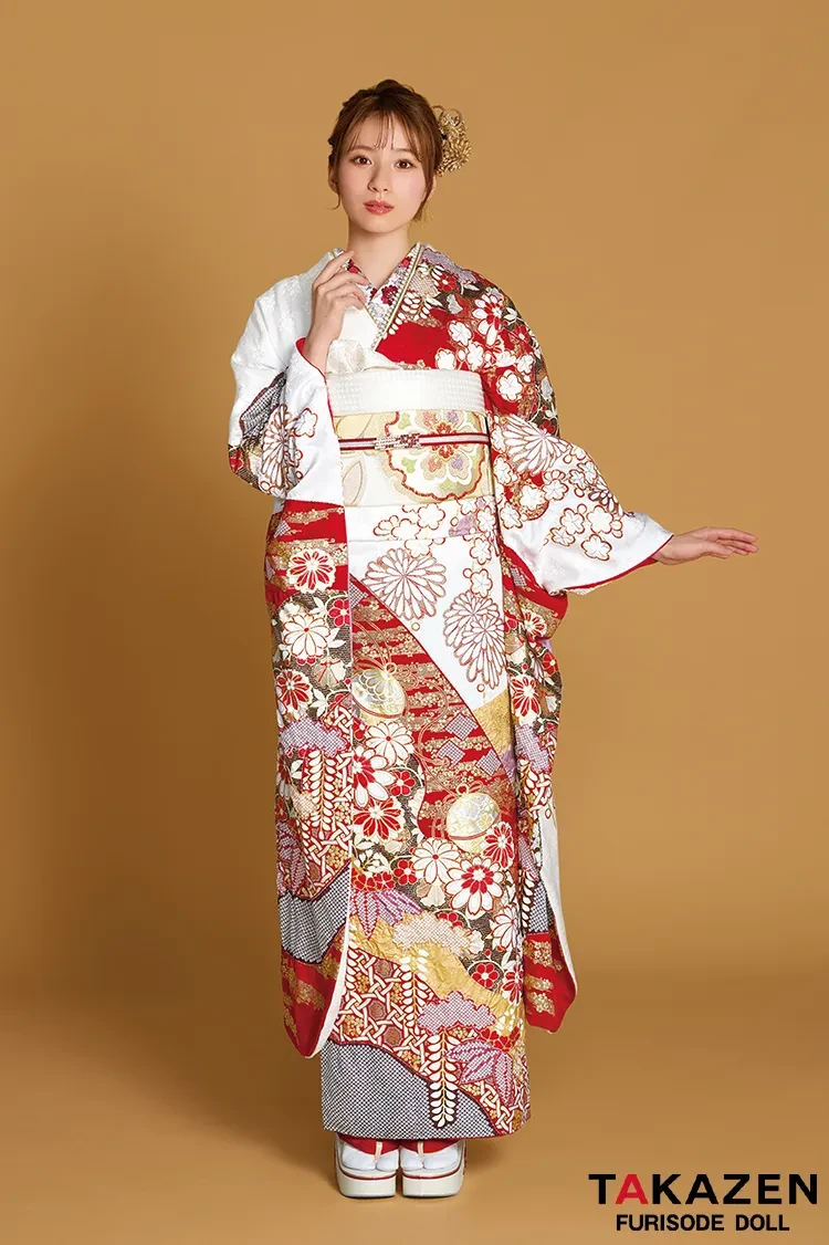 最高級古典柄振袖 滝泰/最高級金彩刺繍絞り友禅 赤/金 貝桶柄/牡丹柄