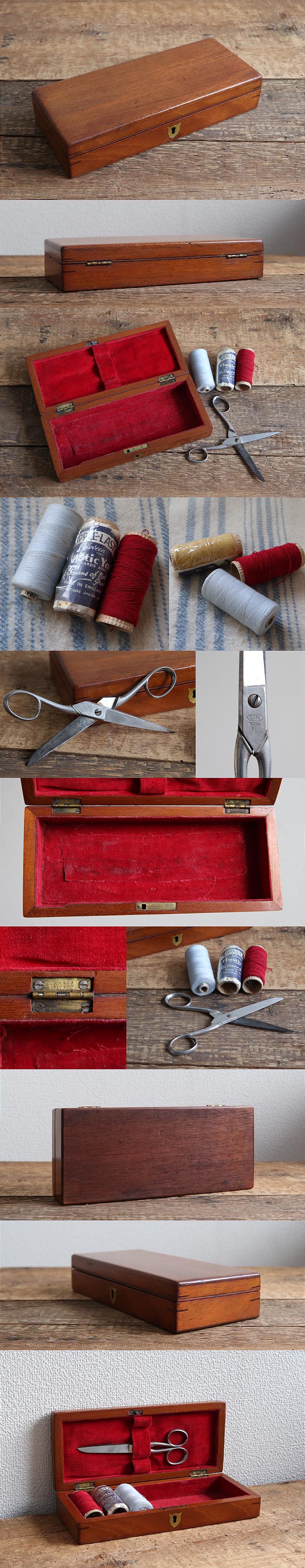 イギリス アンティーク ソーイングボックス/裁縫箱/ハサミ/糸巻/小物