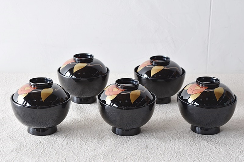 輪島塗 在銘 蒔絵師 正巳 塗師 慶峯 椿蒔絵付き 吸物椀 5客セット